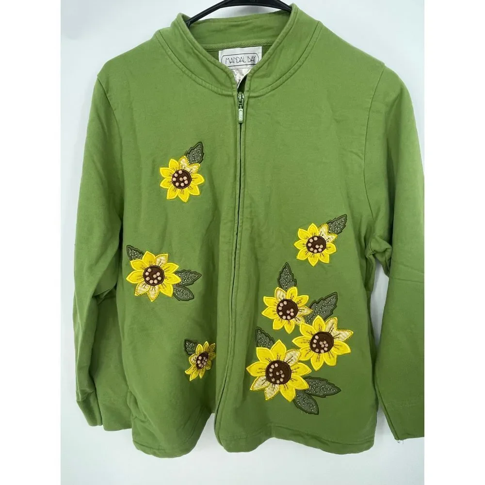 Mandel‎ Bay size M VintageVibrant Sunflower Embroidered zip up sweater